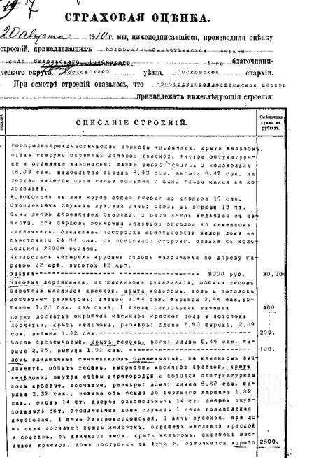 Страховая оценка из Хозяйственного управления СВ. Синода. 1910 г.